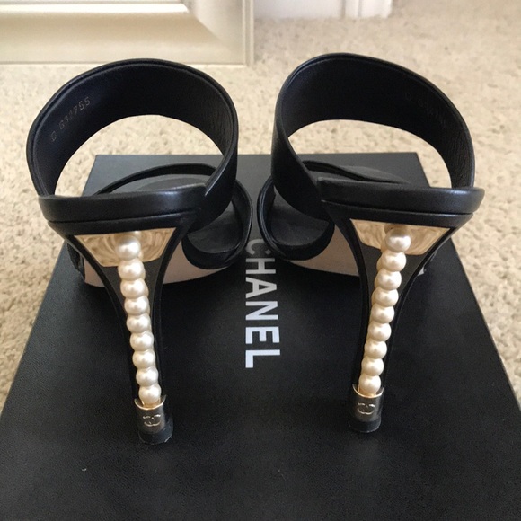 CHANEL Shoes - Chanel black slip on mules with pearl heels 38